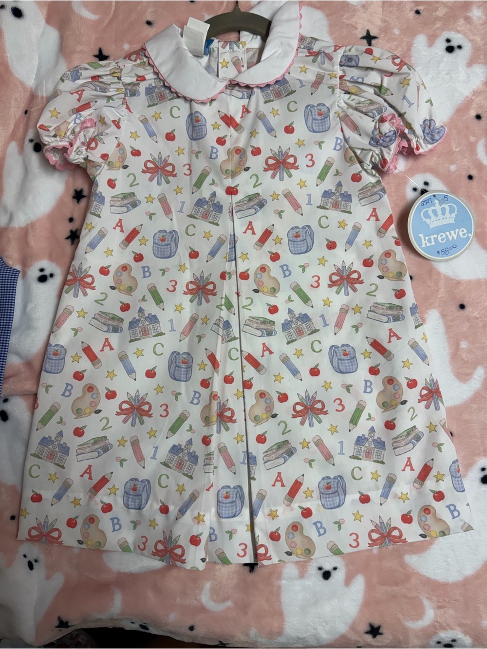 KREWE White Dress with Colorful School Print and Peter Pan Collar